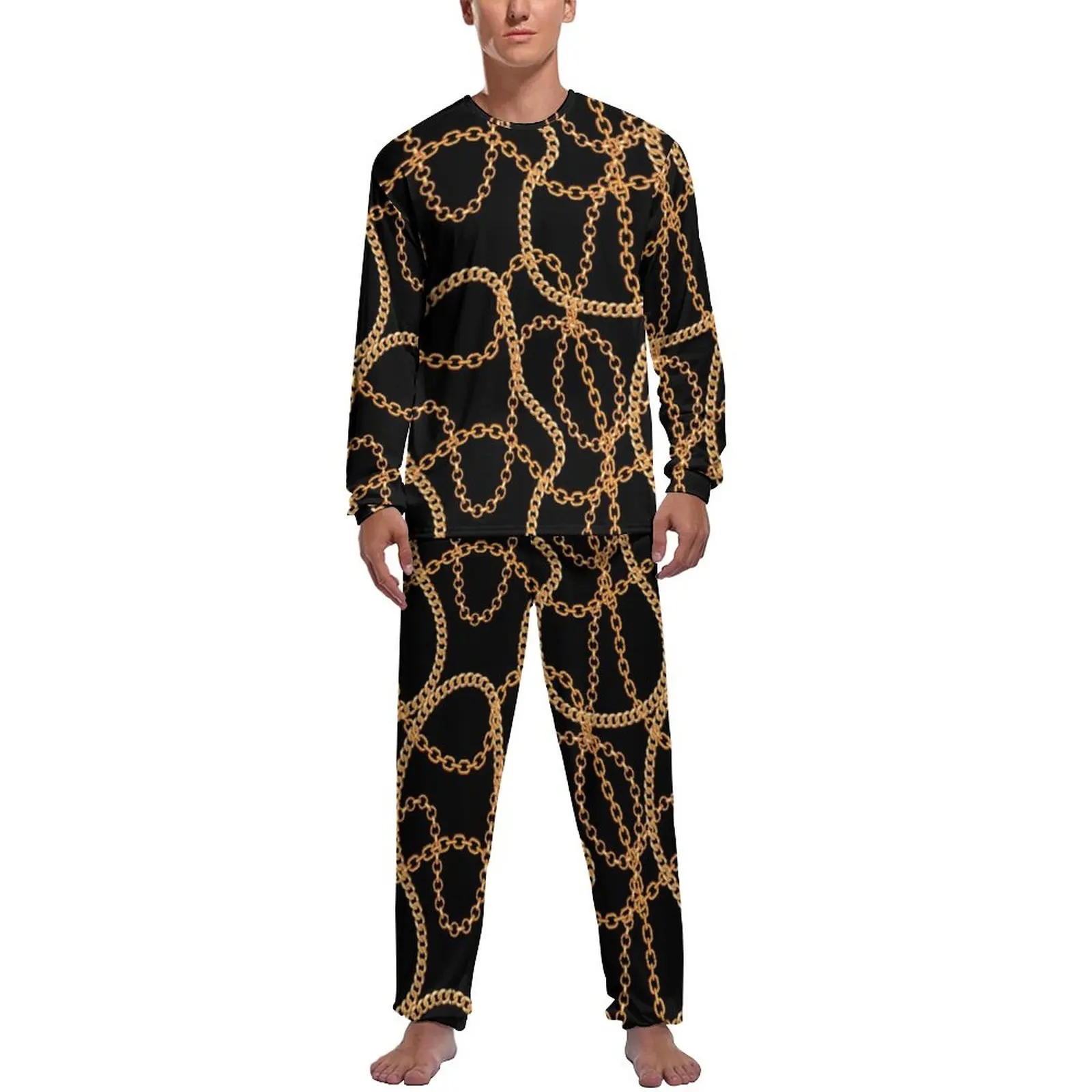 Chain Print Pajamas Men Gold Chains Luxury Lovely Home Suit Daily Long Sleeve 2 Pieces Casual Graphic Pajama Sets