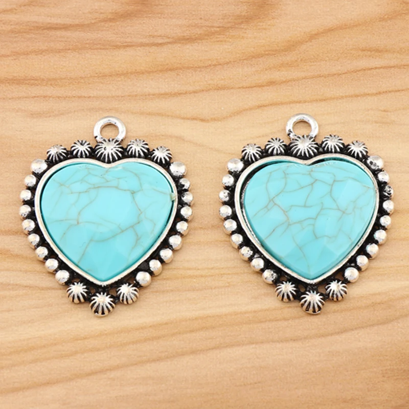 

3 Pieces Tibetan Silver Color Boho Imitation Turquoise Heart Charms Pendants for DIY Necklace Jewelry Making Finding Accessories