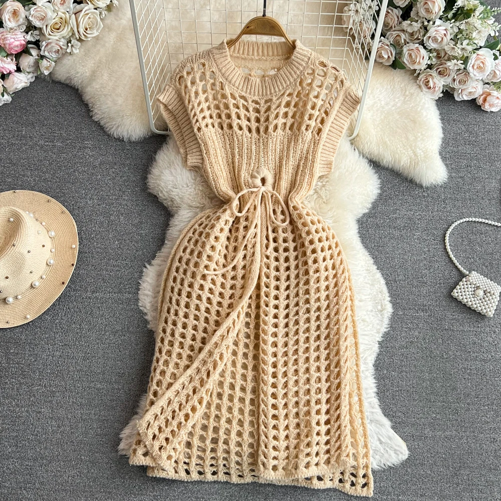 

Трикотажное платье-трапеция без рукавов с круглым вырезом и разрезом, повседневная юбка-жилет средней длины, модная женская одежда 2023