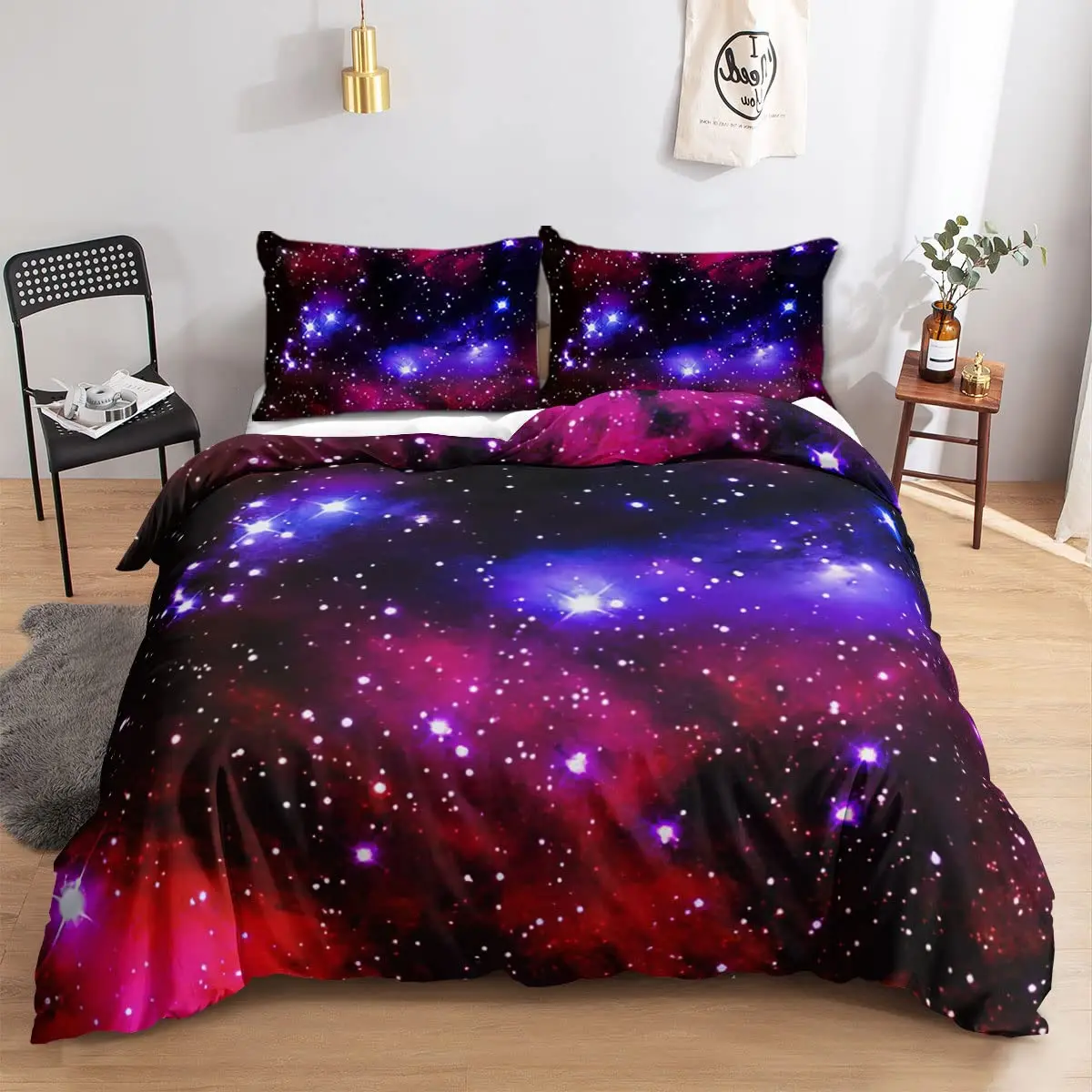Starry Sky Night Duvet Cover Set Full Queen Size,Cute Star Bedding Sets Black Galaxy Comforter Cover Set with Pillowcases 2/3pcs images - 6