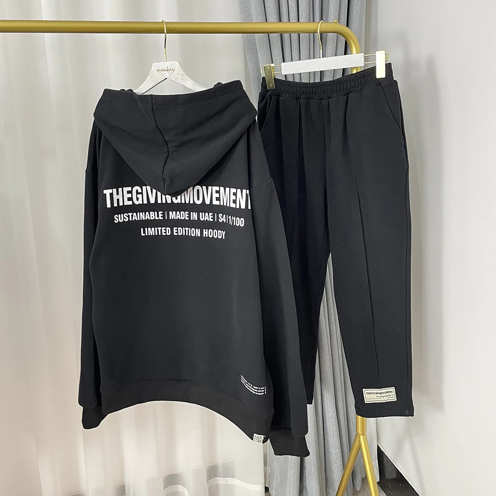 

TGM 100% Cotton Hooded Hoodies Men Thick Women Tracksuits Two Piece Set Track Pant Joggers Ninth Sweatpant Sweatsuits