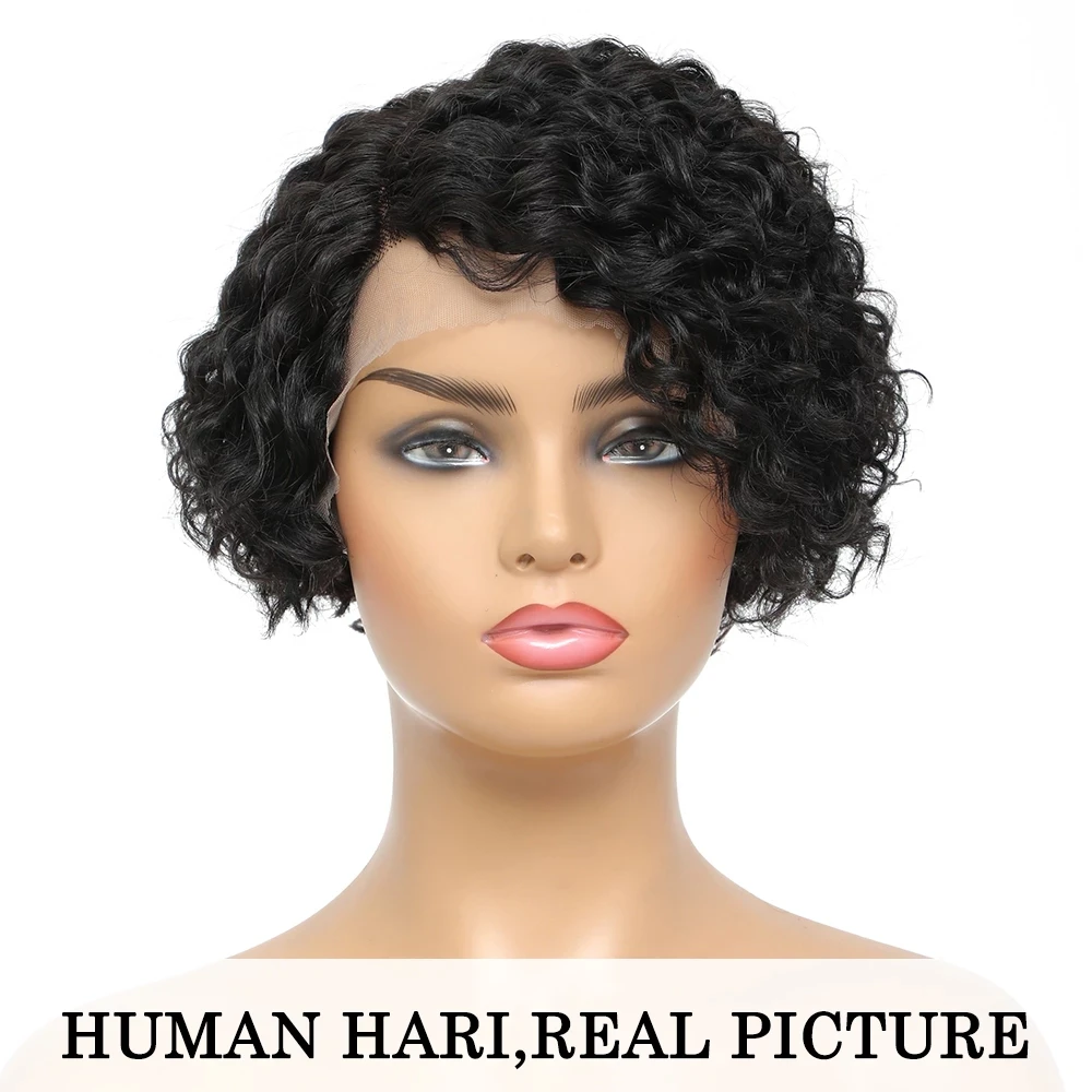 

Короткий кудрявый парик из человеческих волос с детскими волосами 13*1, фронтальный парик на сетке для женщин, 150% плотность, парики боб