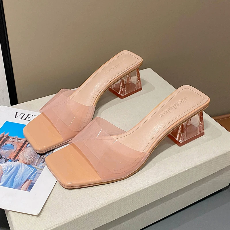 

Med Glitter Slides Shoes Woman 2023 Female Slippers Square Toe Fashion Transparent Heel Jelly New Luxury Summer Block PU Crystal