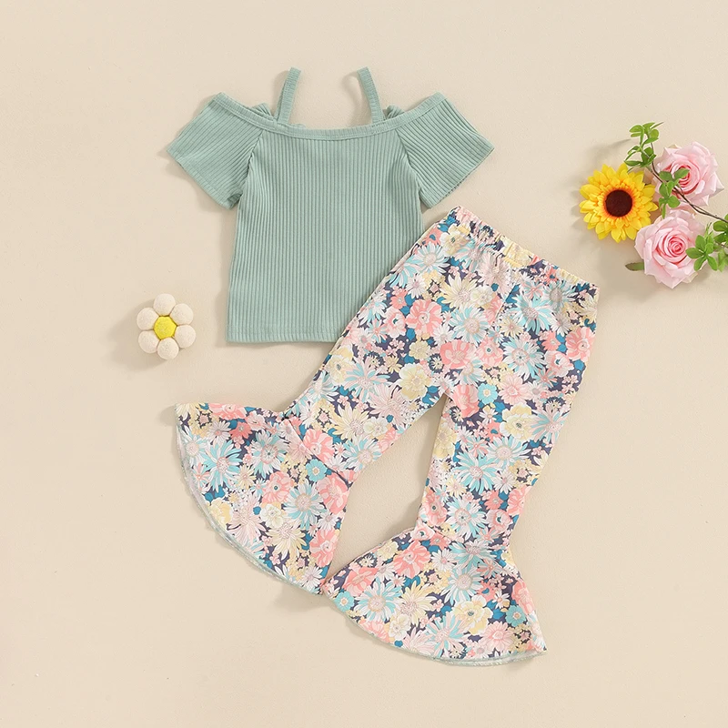 2 шт. детский летний трикотажный топ с открытыми плечами и цветочным принтом