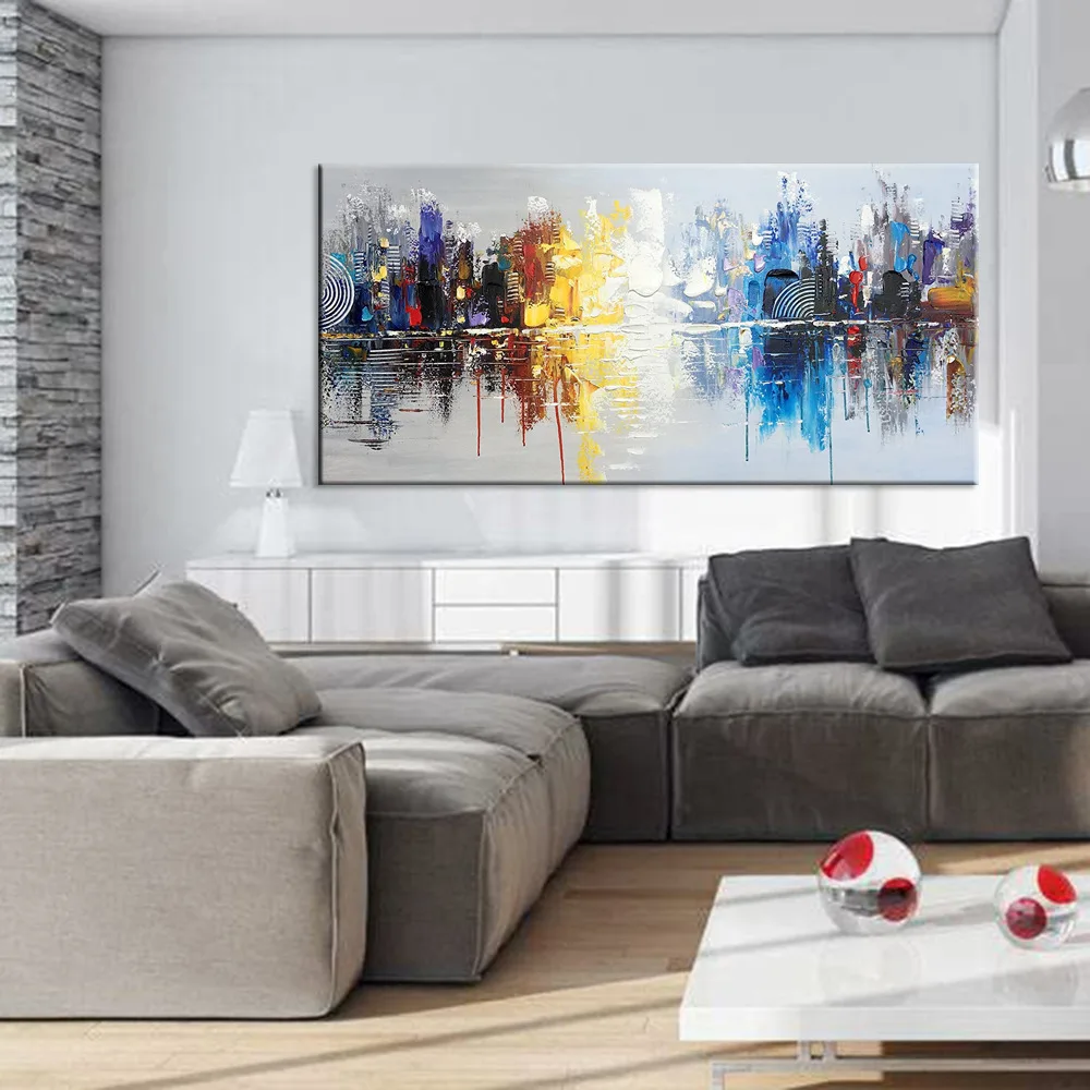

Hand Painted Oil Painting On Canvas Cityscape Modern Reflection Abstract Wall Art Hanging Painting For Home Decor Frameless