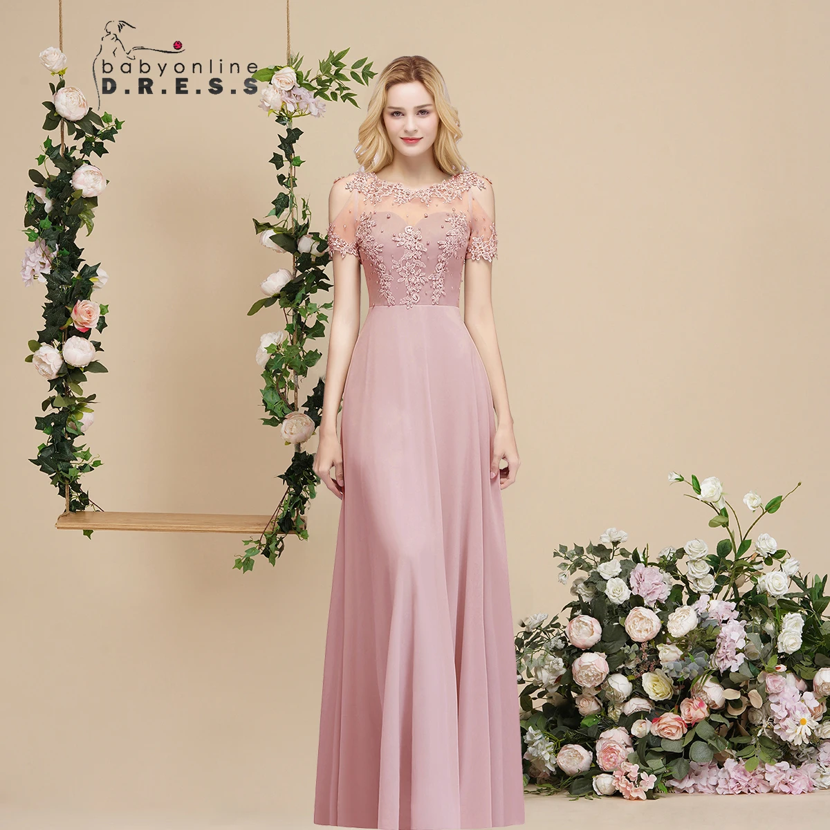 BABYONLINE розовое платье подружки невесты жемчужные бусины Иллюзия с коротким