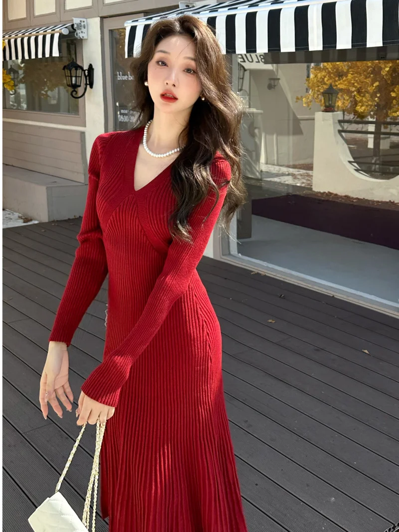 

Red Knitting TVVOVVIN Sweater Long Maxi Dress Slim Elegant Autumn Winter Long Wool Dress V Neck Hot Sexy Sweet Korean PW8A