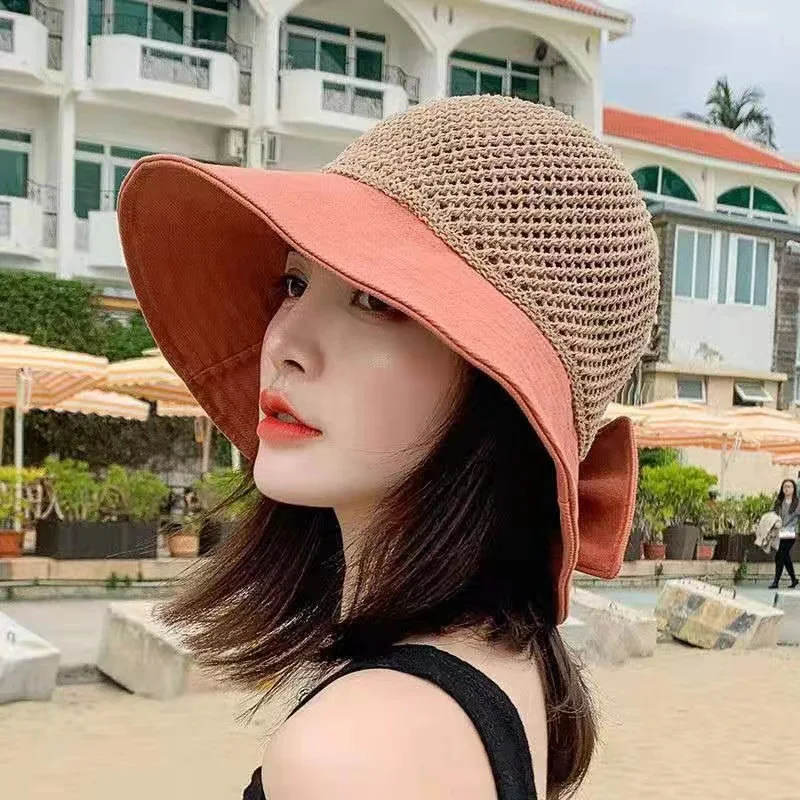 

Bow Large Brim Beach Hat Summer Sun Hats for Women Solid Color Dome Top Floppy Net Mesh Sun Sunscreen Cap Holiday Travel Caps