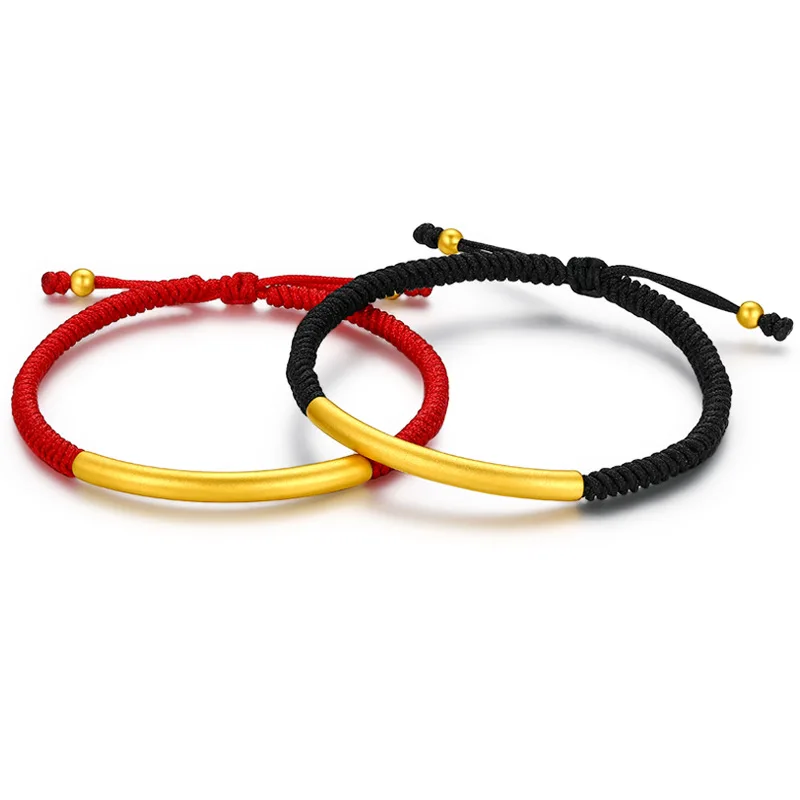 

1PCS Pure Gold Bracelet For Women Smooth Surface Elbow Tube Red String Lover Link Real 24K Yellow Gold Jewelry 16-19cmL Gift