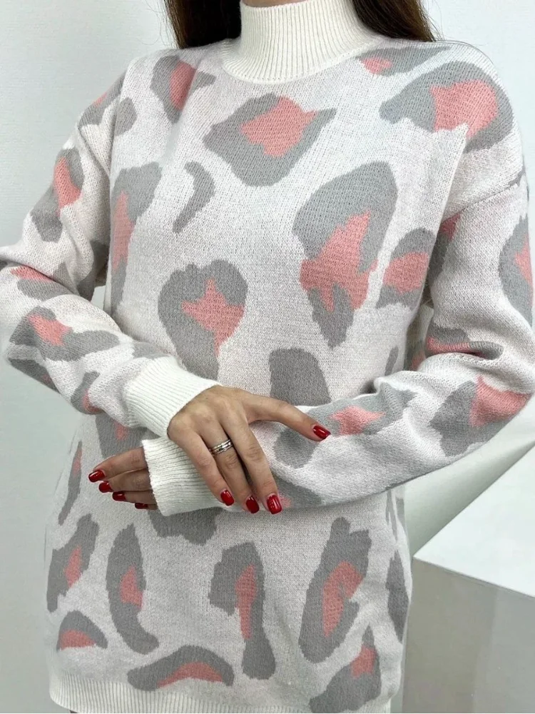 

Winter Women Sweater 2022 Elegant Leopard Print Animal Turtleneck Sweater Pullover Vintage Warm Knitted Oversize Midi Jumper