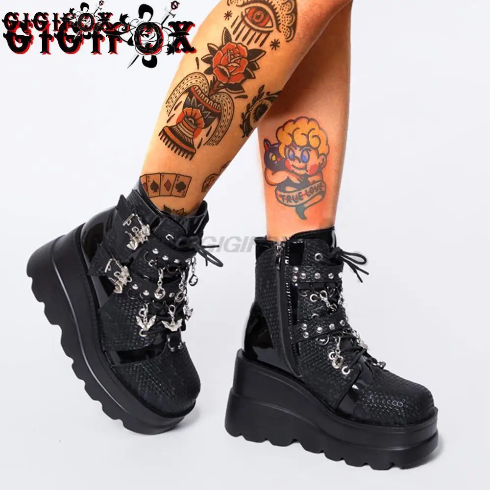 GIGIFOX Platform Ankle Boots For Women Metal Design Lace Up Punk Goth Fashion Boots Y2k Round Head Wedges Shoes Brand Casual