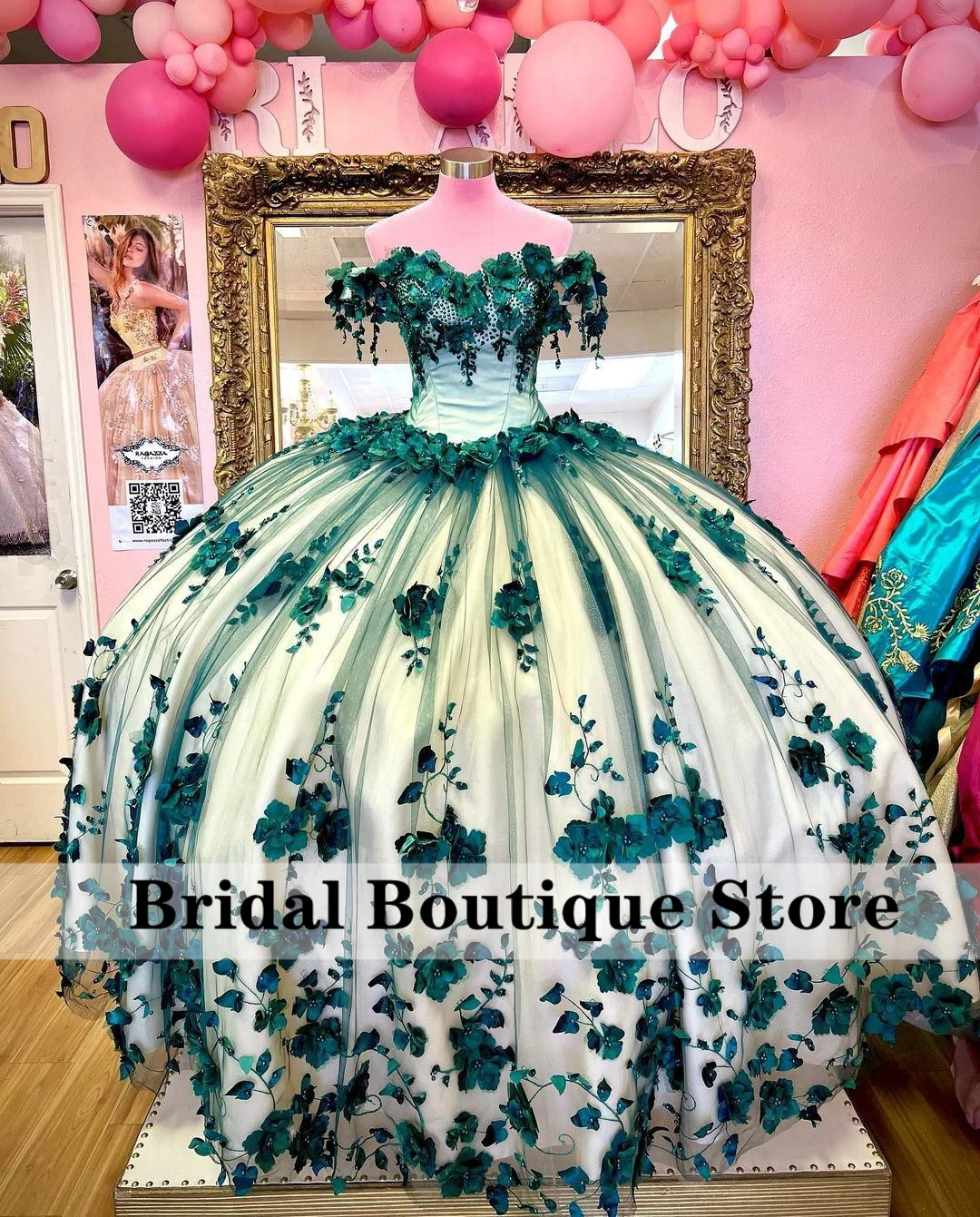 Emerald Green Flowers Ball Gown Quinceanera Dresses 2022 Handmade  Pearls  Vestidos De 15 Años Corset Dress For Birthday
