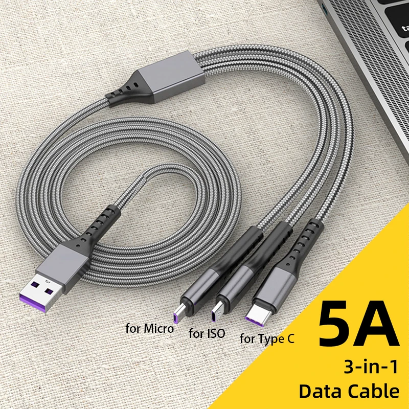 

66W 3 in 1 USB Fast Charging Cable 5A Micro USB Type C Charger Cable Lightning Data Cable Multi Charger Cable For iPhone Xiaomi