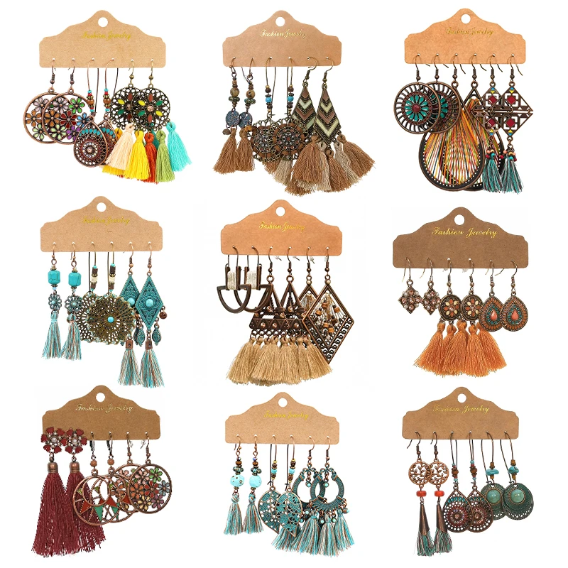 

3PCS/SET Vintage Bohemian Tassel Drop Earrings for Women Ethnic Long Fringe Alloy Multi Color Dangle Earrings Statement Jewelry