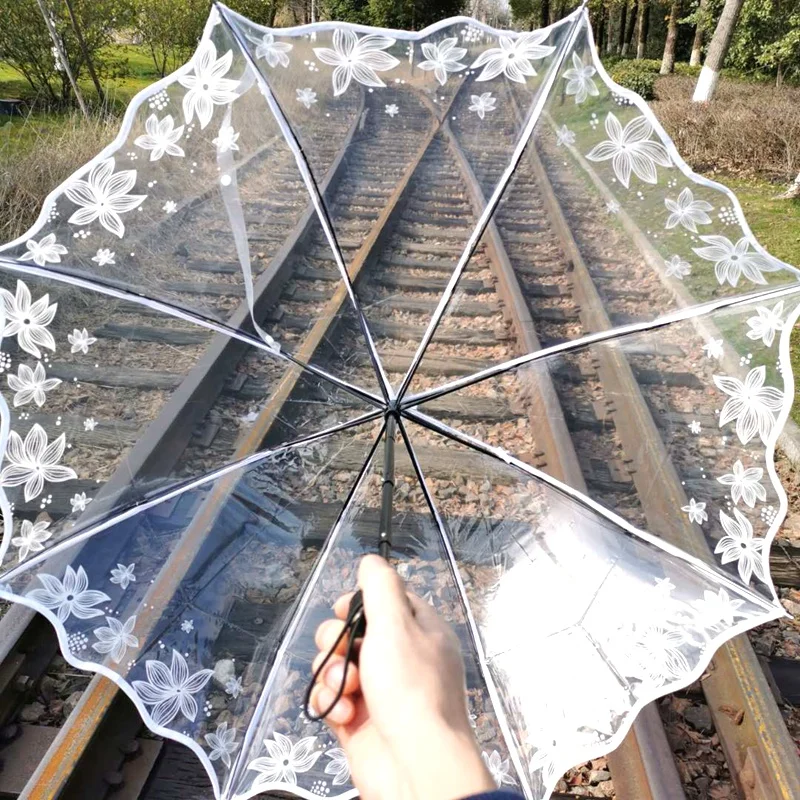

Прозрачный зонт, женский складной, как Летний цветок, белая богиня, креативный студенческий, полностью автоматический прозрачный зонт