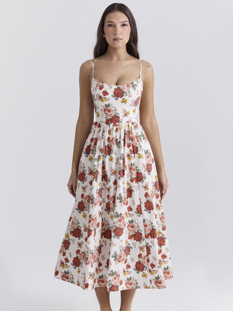 Женское летнее сексуальное платье миди с цветочным принтом и открытой спиной