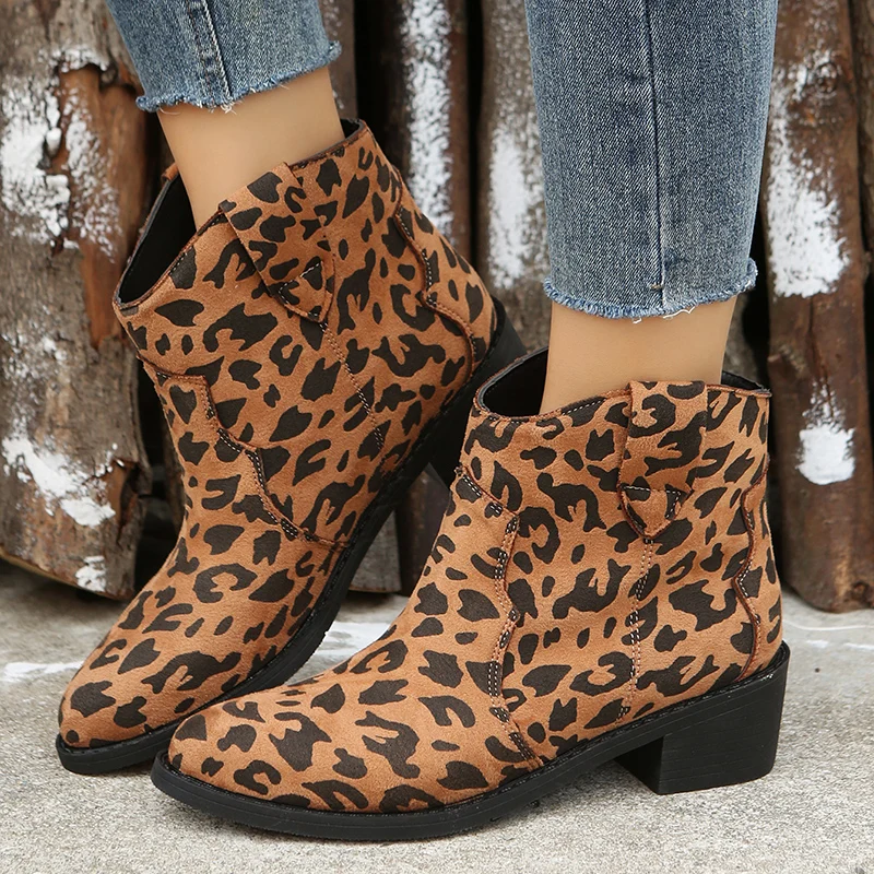 

Ботильоны женские с леопардовым принтом, заостренный носок, без застежки, Крокодиловая Кожа, дизайнерская ретро Обувь, ковбойские сапоги в ...