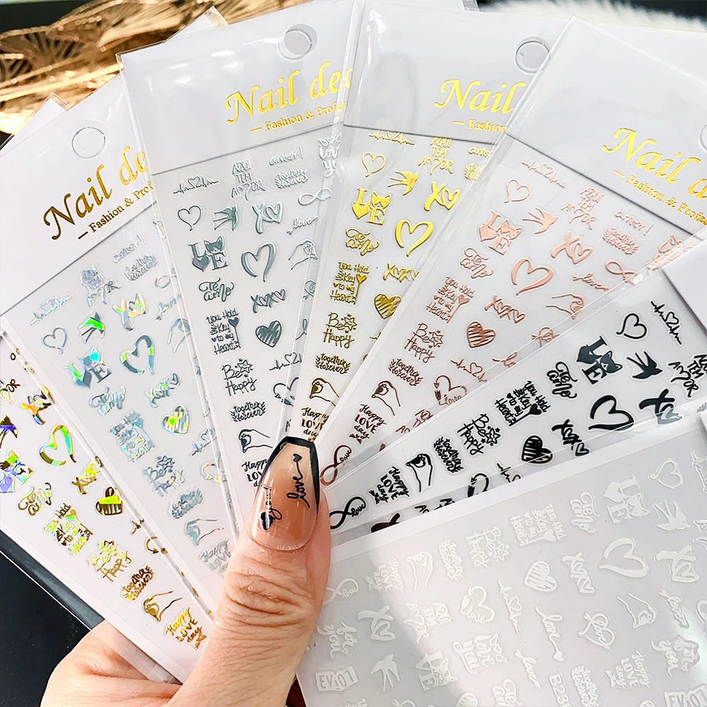 3D голографические наклейки для дизайна ногтей в форме сердца и букв украшения