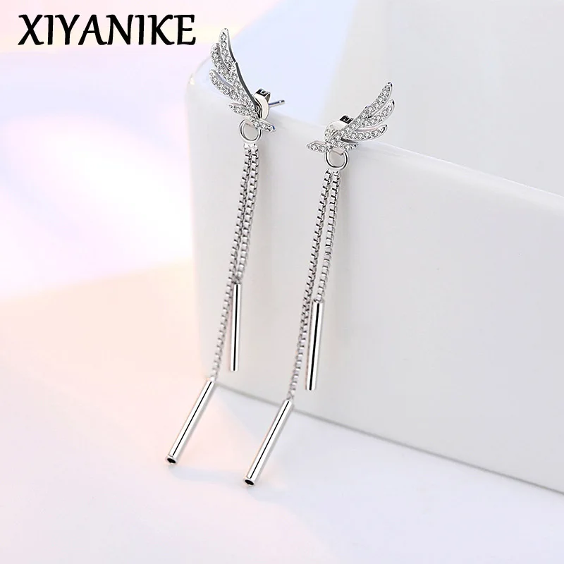 

XIYANIKE Sweet Angel Wing Long Tassel Back Hanging Earrings For Women Beauty Fashion New Jewelry Girl Gift Party серьги женские