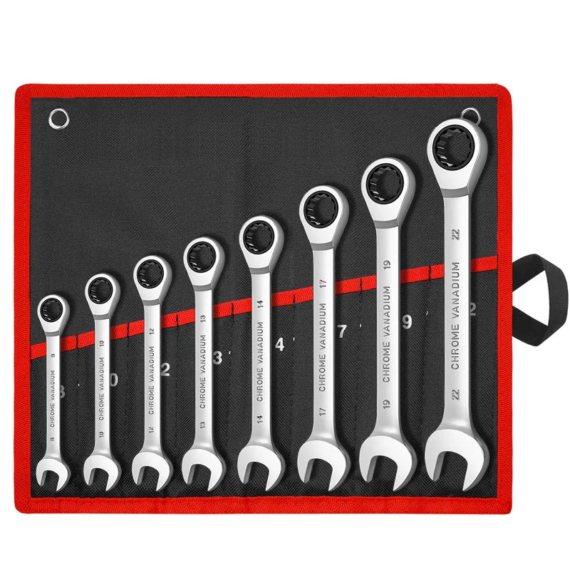 

Ratcheting Combination Wrench Set,Chrome Vanadium Steel 72-Tooth Box End and Open End Standard Wrench Set with Rolling Pouch