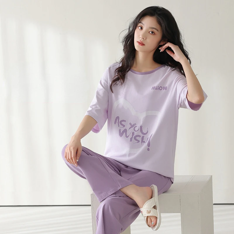 The Pajamas for Women's Summer Pure Cotton Thin Section Cool Short-sleeved Suit with Round Neck Simple and Cute Style Sleepwear