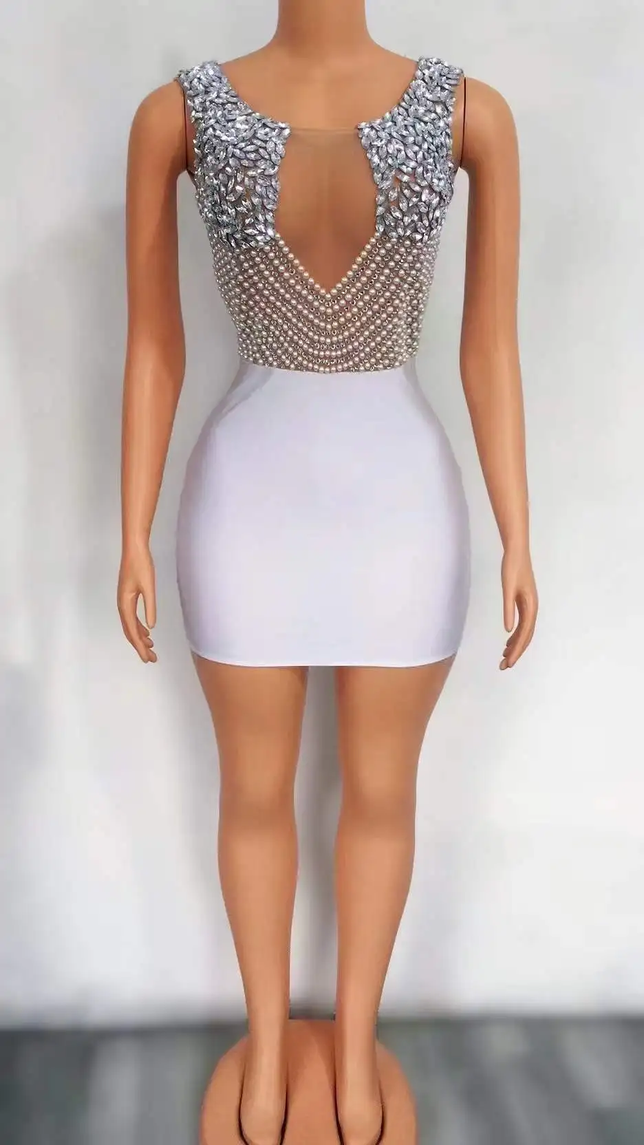 

V Backless Rhinestone Dress Women Birthday Bodycon Drag Queen Outfit See Through Sleeveless Night Out Celebrity Dresses 2022