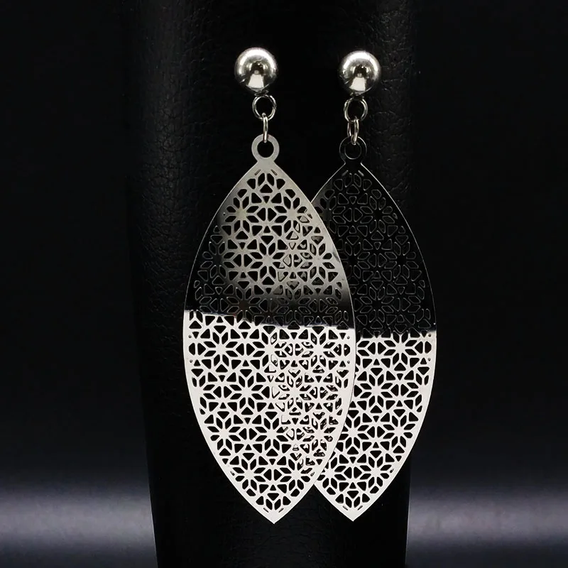 

Fashion Stainless Steel Long Earrings for Women Silver Color Leaf Stud Earrings Jewelry pendientes mujer moda E612232S08