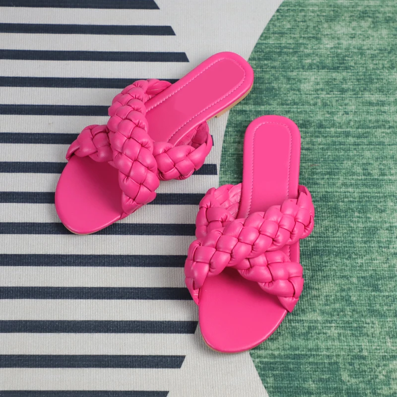 

Z Summer Slip on Outside Slides Women Flat Sandals Fashion Cross PU Woman Beach Shoes Brand Design Woven Ladies Slippers