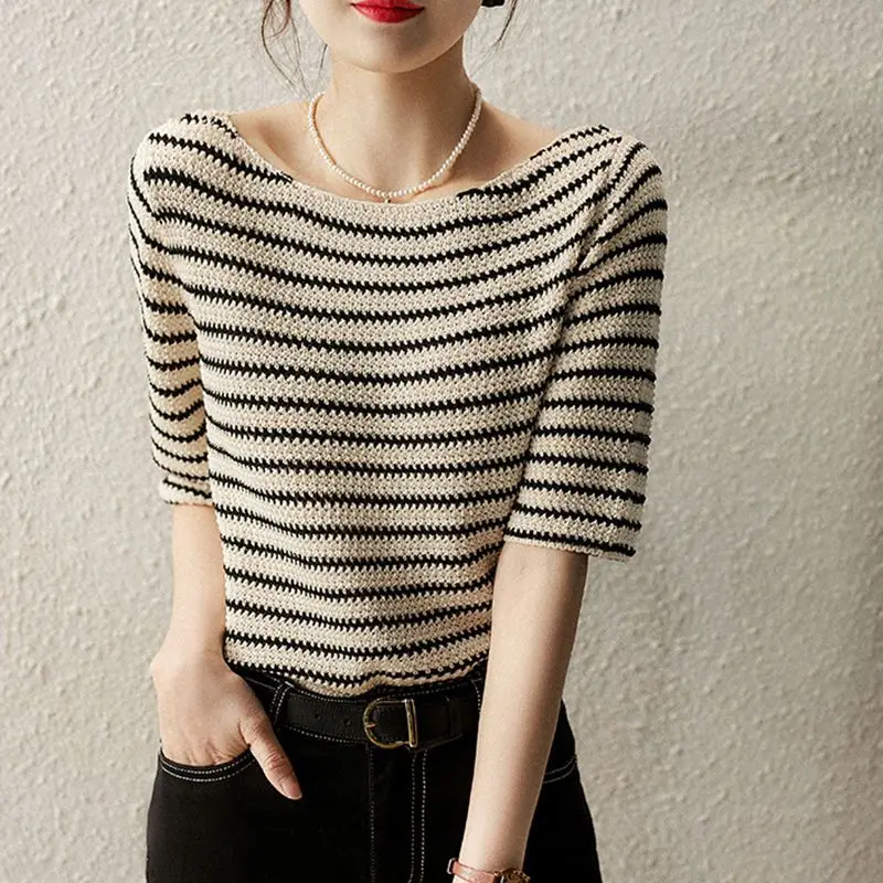 

Striped T Shirt Women Knitted Tops 2023 Summer Womans Clothing T-shirts Slash Neck Casual Short Sleeve Tees Lady Tee Shirt Femme