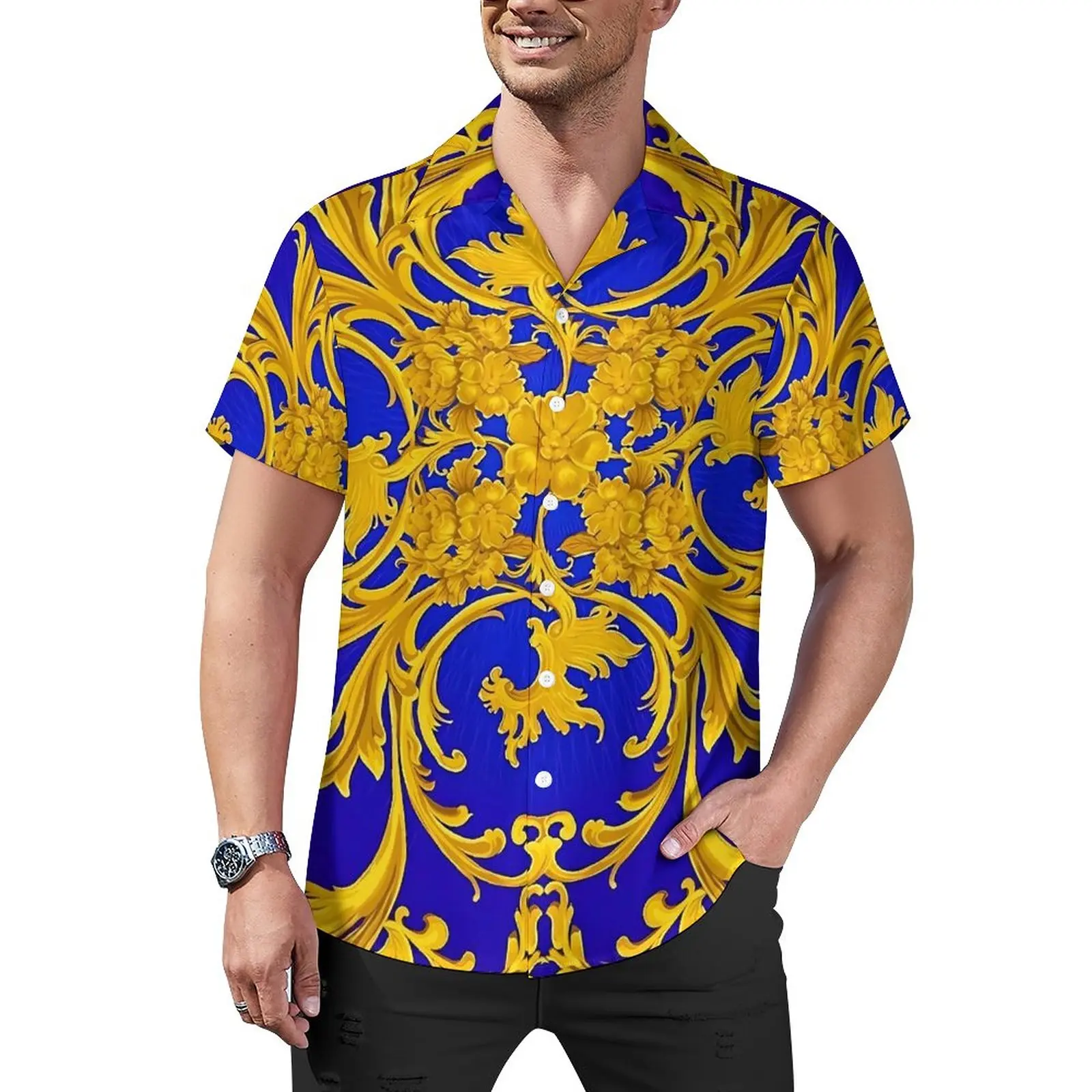 

Повседневные рубашки с принтом в стиле барокко, голубая и Золотая пляжная рубашка, гавайская уличная одежда, блузки, мужские рубашки большого размера с принтом