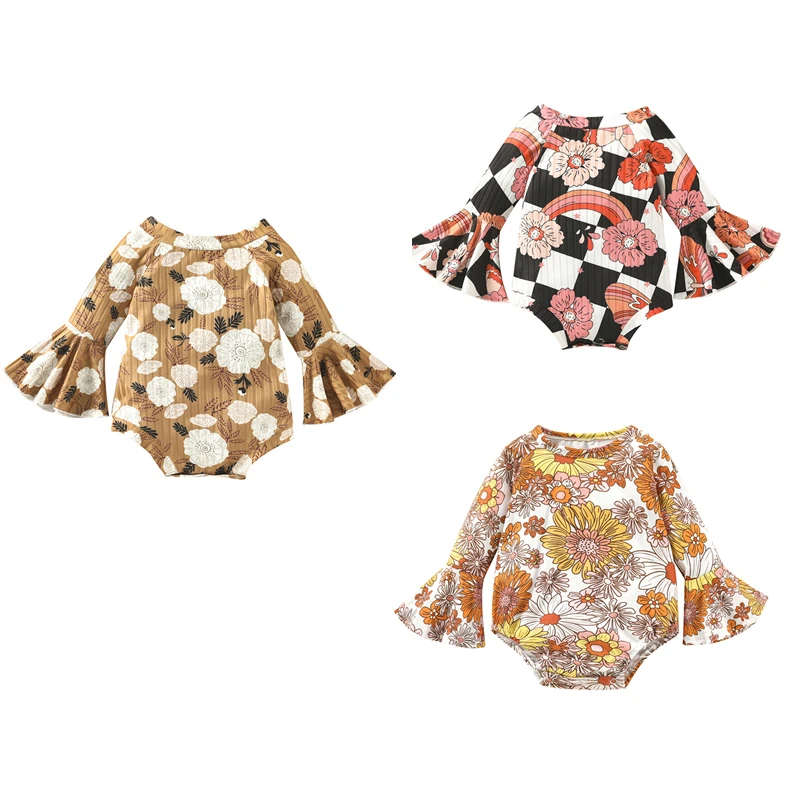 

Комбинезон для новорожденных девочек 3-24 месяцев, повседневная расклешенная одежда с цветочным принтом, длинным рукавом и круглым вырезом, одежда для повседневного ношения, весна-осень