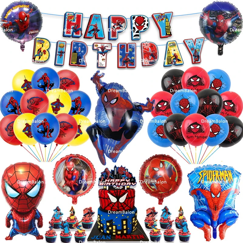 

Spiderman Balloons Happy Birthday Banner Super Hero Theme Party Supplies Spider Air Ballons Decoration Kids Boy Cake Topper Ball