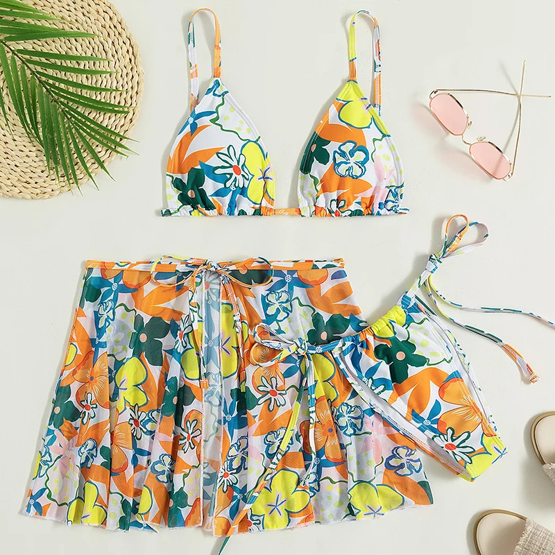 Summer Female Brazilian Bathing Suit Beach Wear 3PCS Women Swimsuit Bikini Set Flower Print Lacing Bra Briefs with Tie Skirt