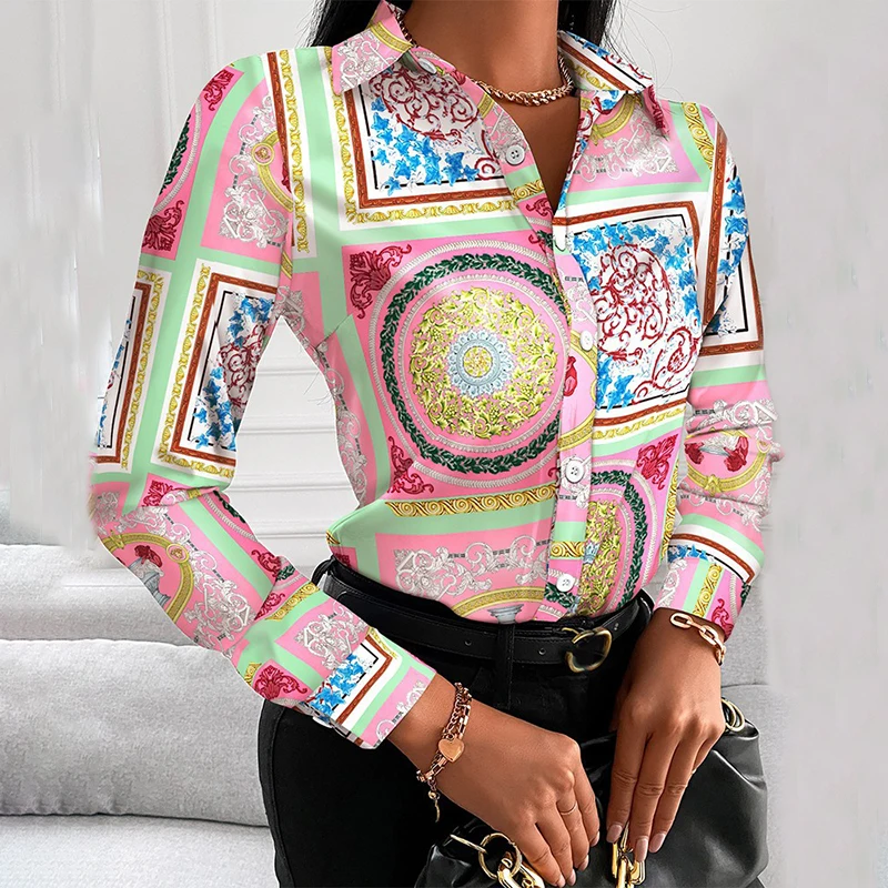 Printed Shirt Women 2022 autumn Elegant Office Ladies Blouse Clothes Fashion Lapel Long Sleeve Buttons Casual Tops For Woman images - 6