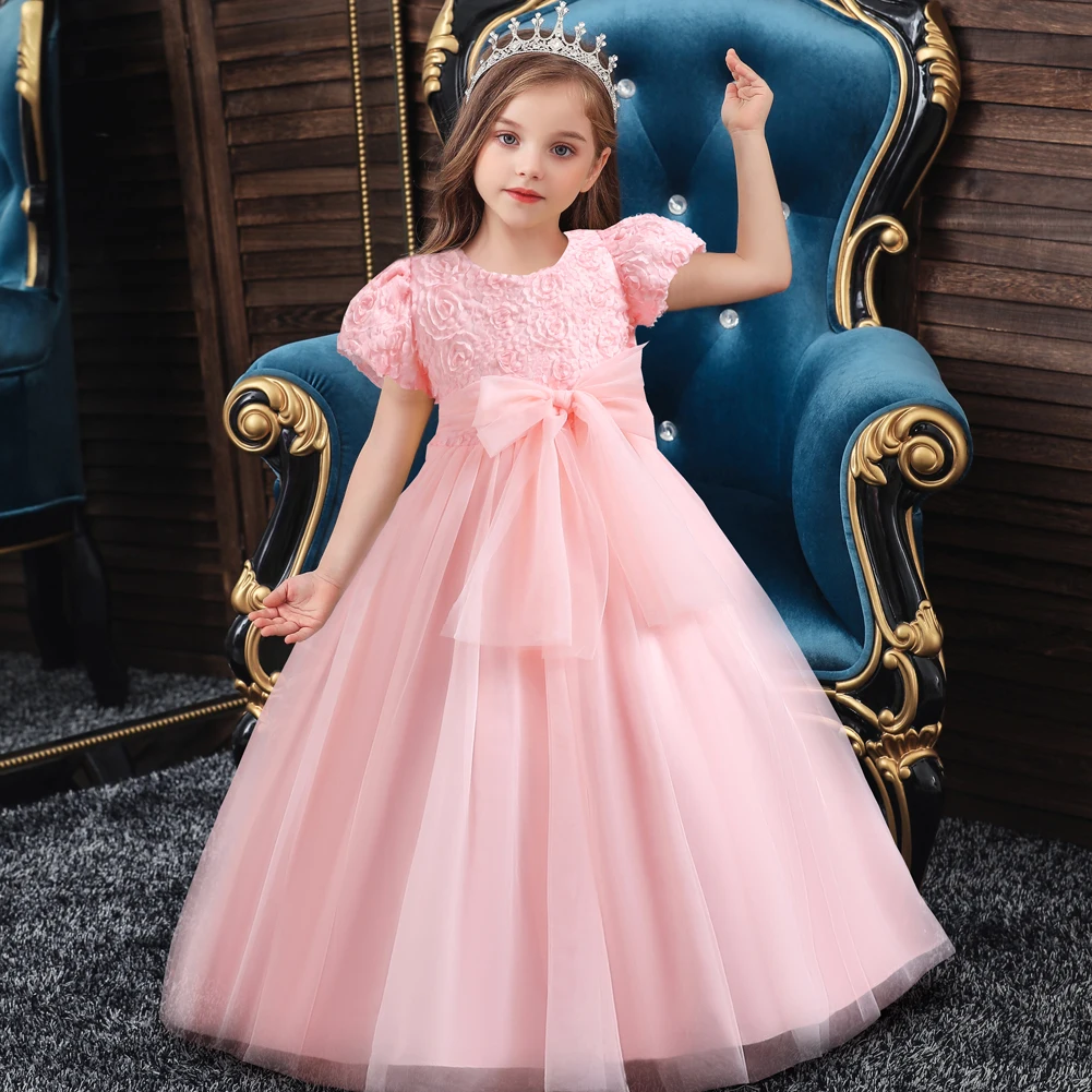 

KEAIYOUHUO 2022 New Elegant Ankle-Length Dress With Puff Sleeves Flower Girls' Pink Party Dresses For Weddings 4-12 Years Old