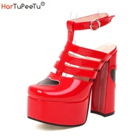 fashion sandals women chunky high heels 2022 patent leather mary jane shoes patchwork colour block heart pumps