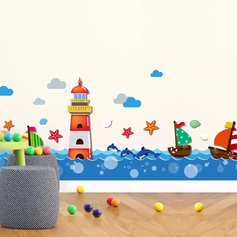 

[shijuekongjian] Lighthouse Wall Sticker Vinyl DIY Boats Mural Decals for Kids Room Bady Bedroom Baseboard Home Decoration