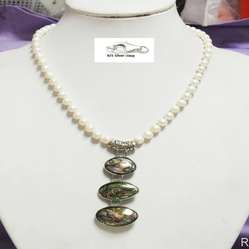 

Perfect !!! 7-8MM white AAA freshwater pearl + abalone shell pendant Classic necklace 19"