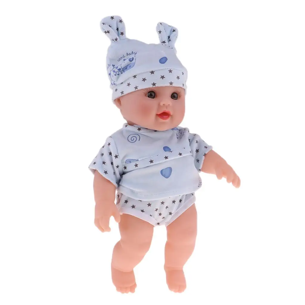 

30 см Гибкая Виниловая говорящая Кукла реборн модель в синей одежде шляпа Детская обучающая игрушка