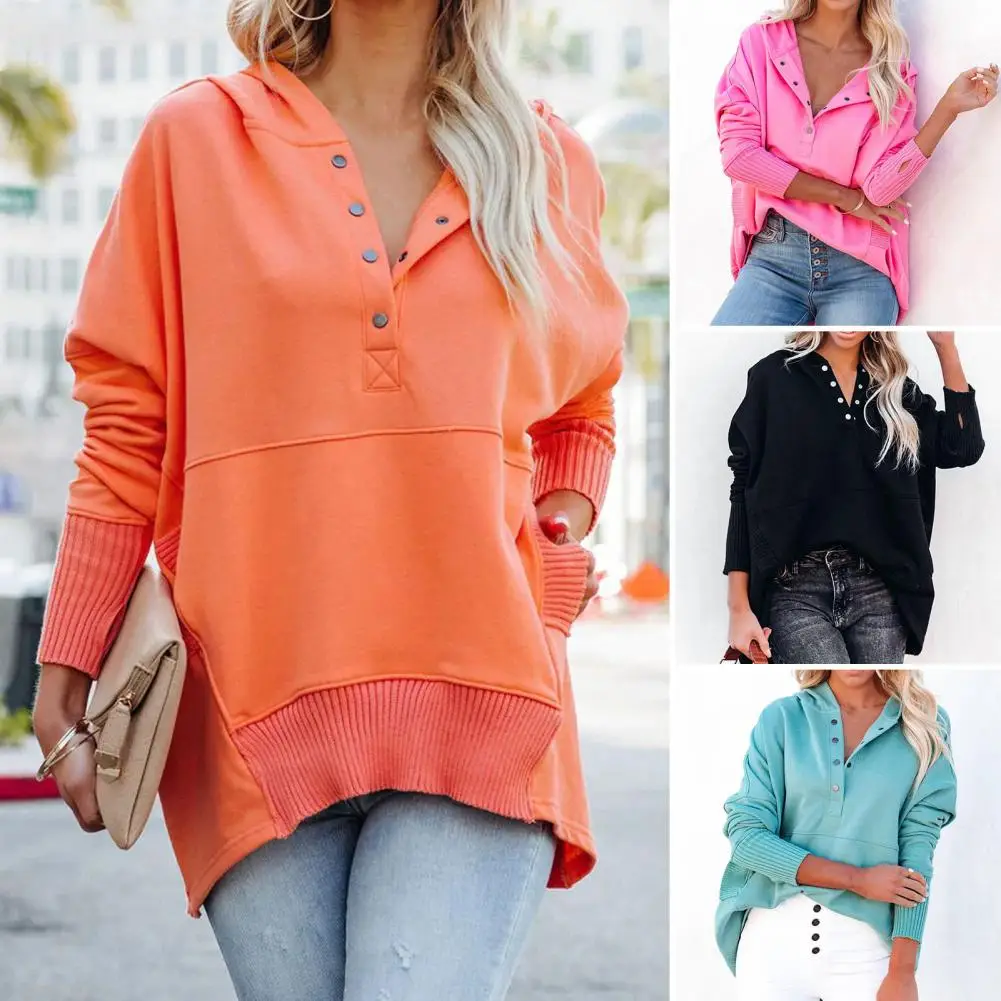 

Women Hoodie Half Single-breasted Solid Color Elastic Cuff Pockets Hooded Warm Loose Casual Baggy Autumn Blouse for Home Wear