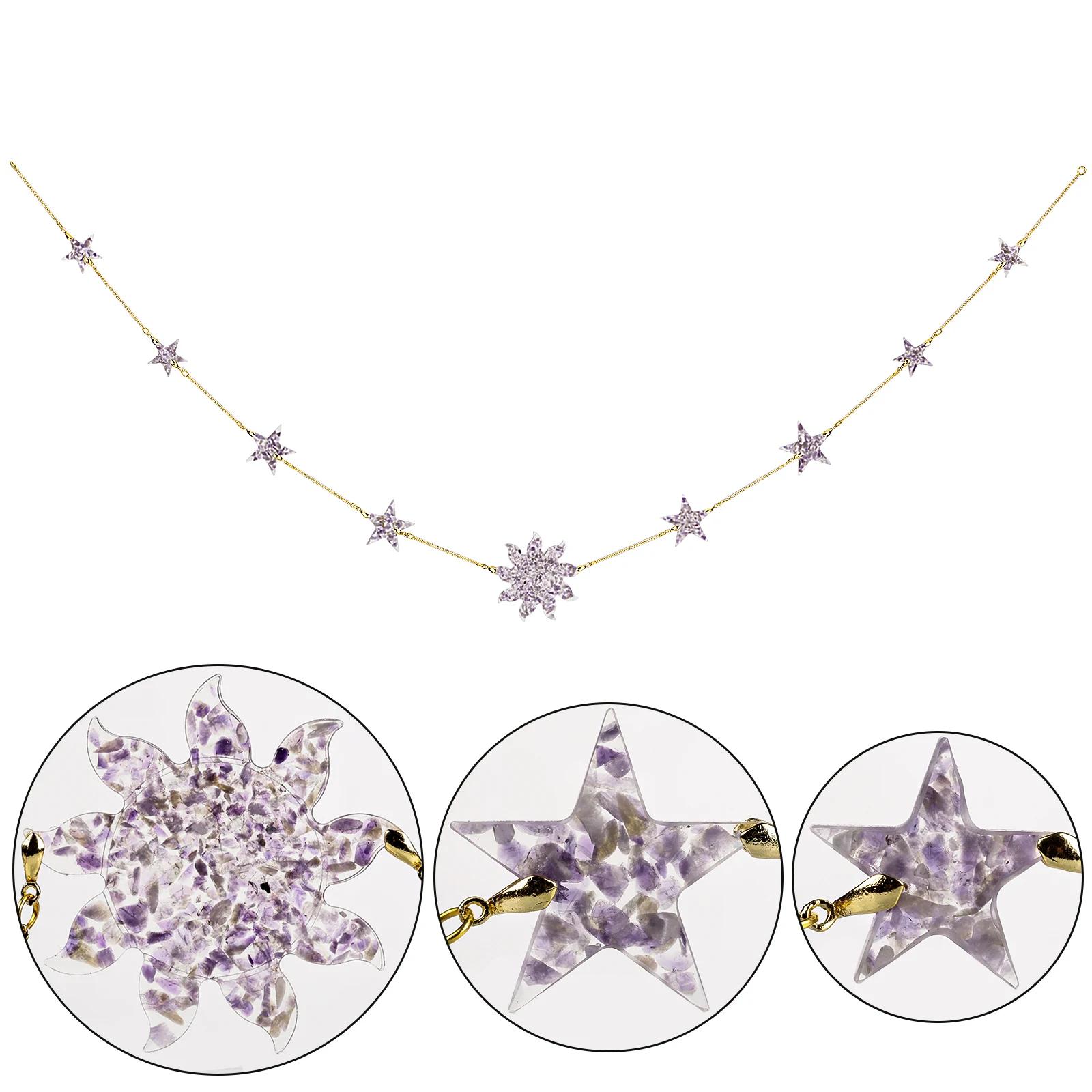 Sun Star Garland Resin Hanging Ornaments Natural Crystal Chips Mineral Gemstone Craft Golden Chain For Photo TV Wall Room Decor