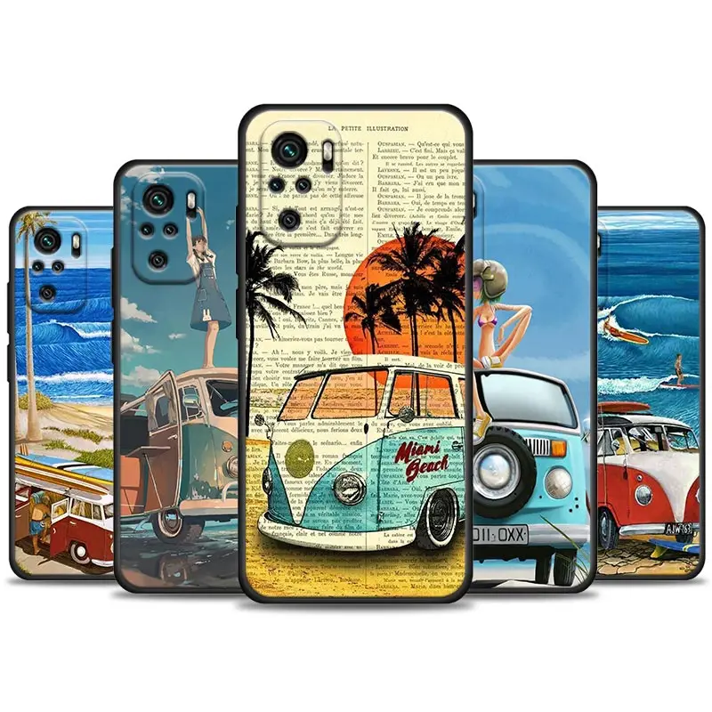 

Sexy Girl Bus Beach Surfing Poster Phone Case For Poco Redmi Note 8 Poco X4 X4 NFC M4 X3 F3 M3 Phone F1 GT Pro Black Cover Funda