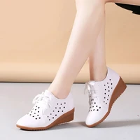 white lace up oxfords elevator shoes 2022 womens wedge loafers office lady summer hollow out shoes size 42 large sized flats