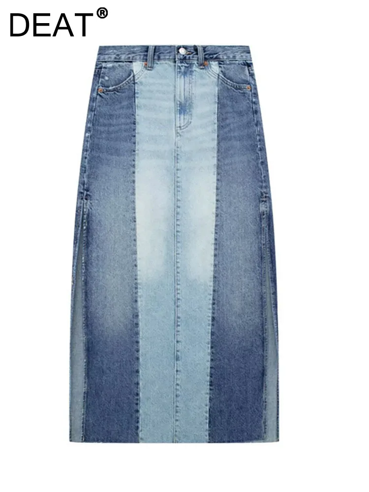 

Женская джинсовая юбка с завышенной талией DEAT, синяя длинная юбка составного кроя контрастных цветов, с запахом на бедрах, 29L1157, лето 2023