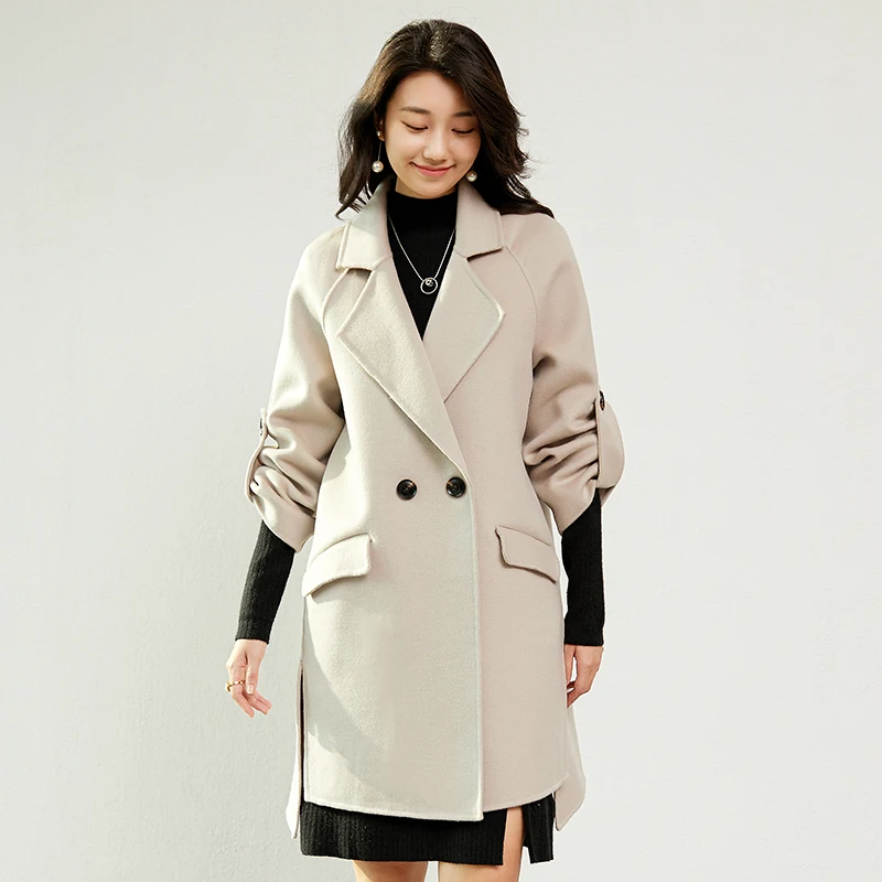 

100% Pure Wool Double-sided Woolen Coat Women's Medium Length Loose Woolen Coat Large Lapel Collar Stylish High-end New Style