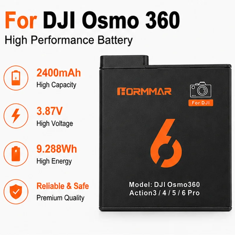 Фото Аккумулятор HORMMAR 2400 мАч для камер DJI Osmo 360 Action 3 4 5 6 Pro, перезаряжаемая литий-ионная сменная батарея, аксессуары №2