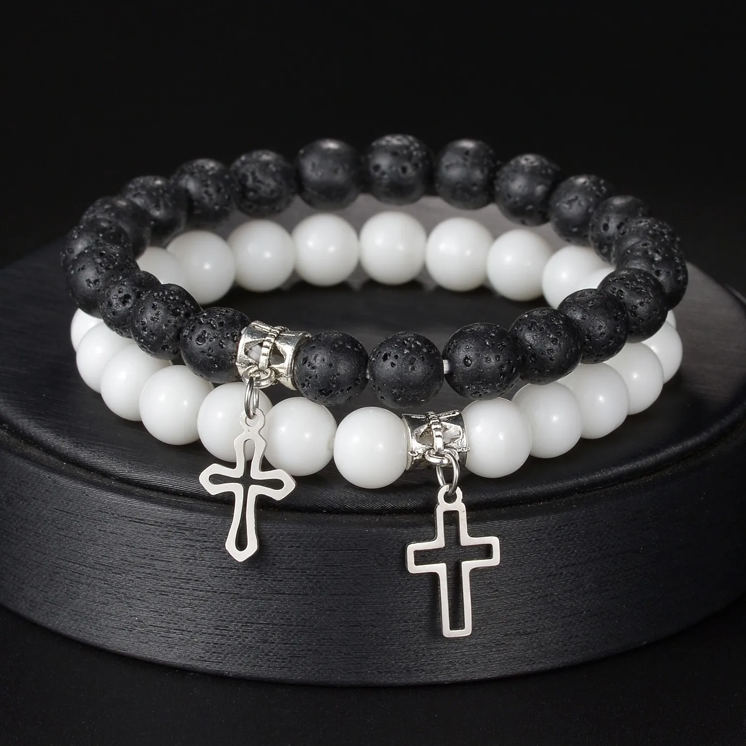 

Couple 2pcs Cross Bracelet Natural Classic Black White Stone Yoga Beaded Women Bracelets for Men Best Friends Gift Charm Jewelry