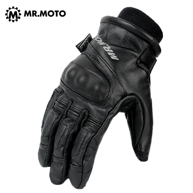 

Winter motorcycle riding gloves men's leather retro motorcycle gloves warm waterproof knight anti-fall black
