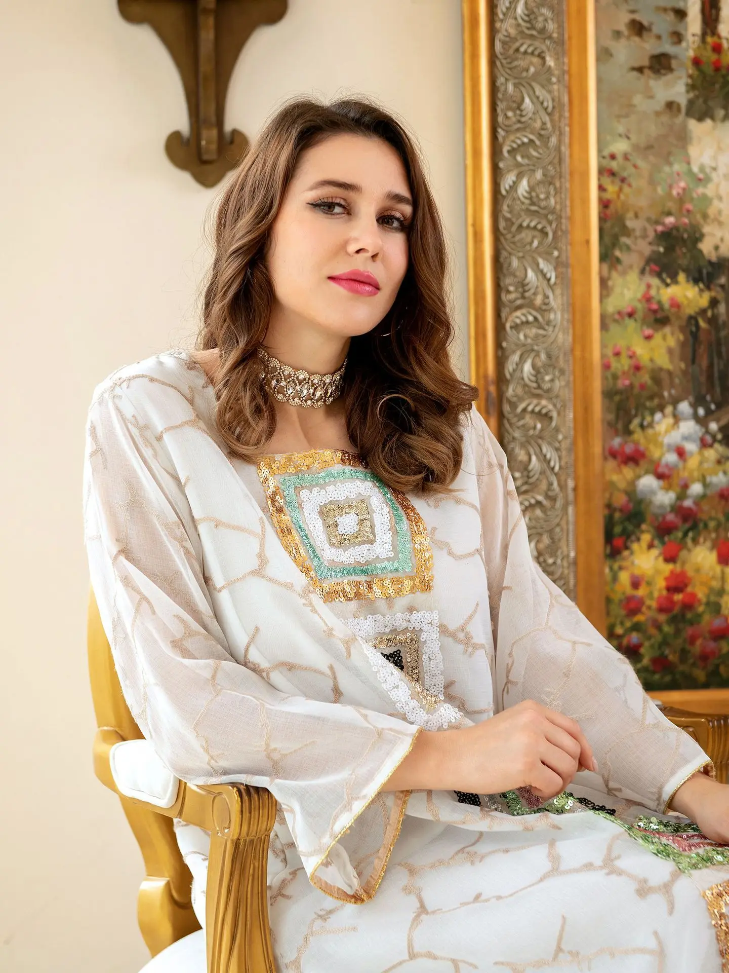 2023 New Women's Muslim Dress Mesh Robe Arabic Appliqué Gold Sequin Garment Vestidos Arabes Dubai Y Turcos Evening Dresses