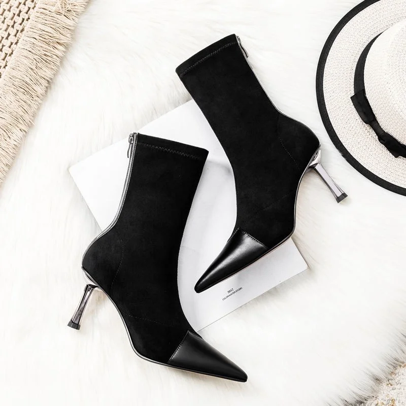 Модные замшевые женские ботильоны с острым носком на высоком каблуке туфли Челси